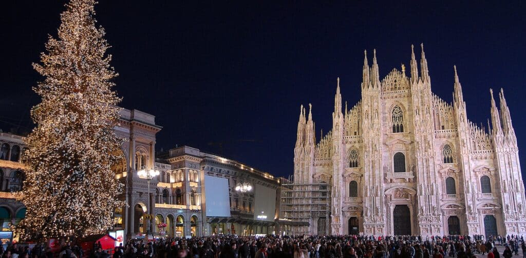 Lights adorn the city.