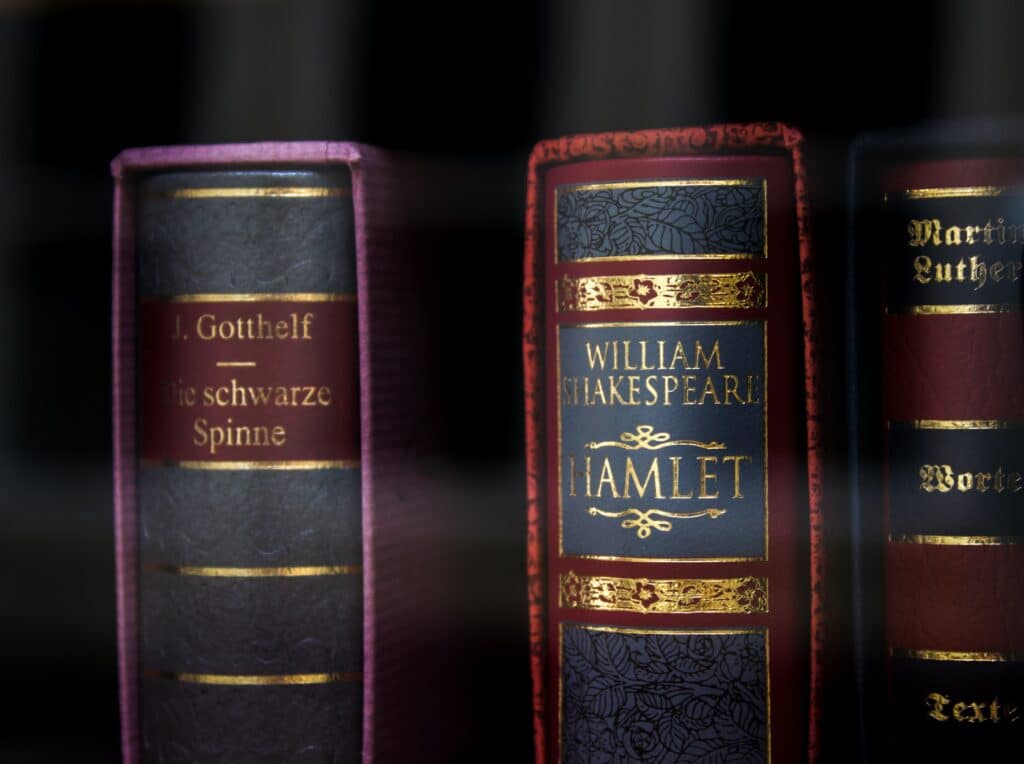 Hardback copies of The Black Spider (Die schwarze Spinne) by Jeremias Gotthelf, Hamlet by William Shakespeare, and another book.