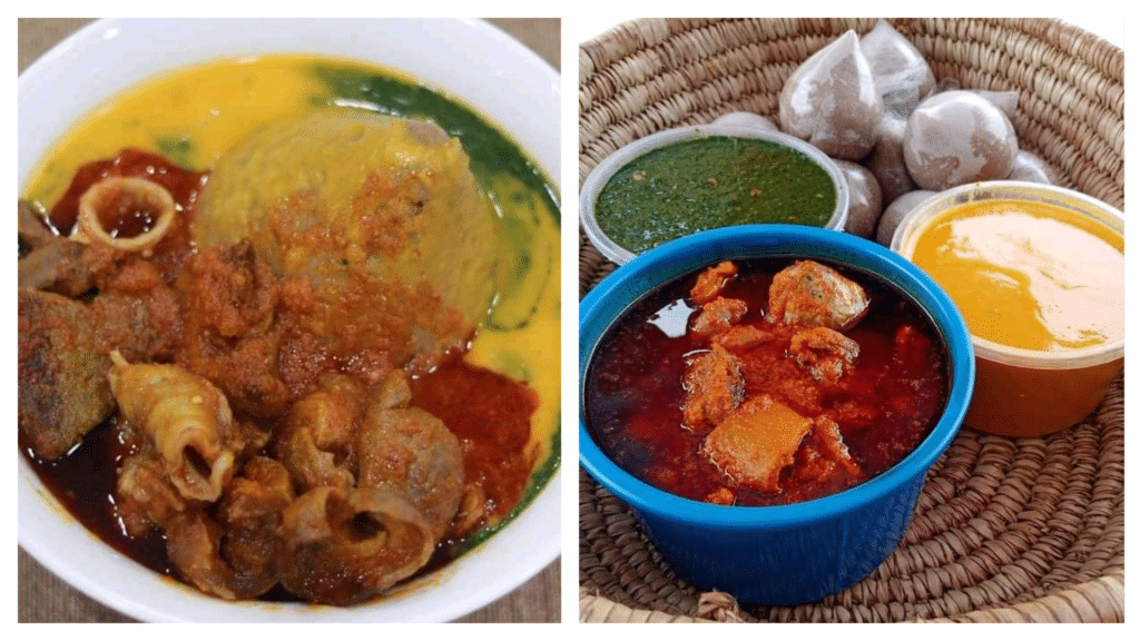 Amala and edewu (left) and its separate components (right). Amala and edewu is one of the national foods of Nigeria.