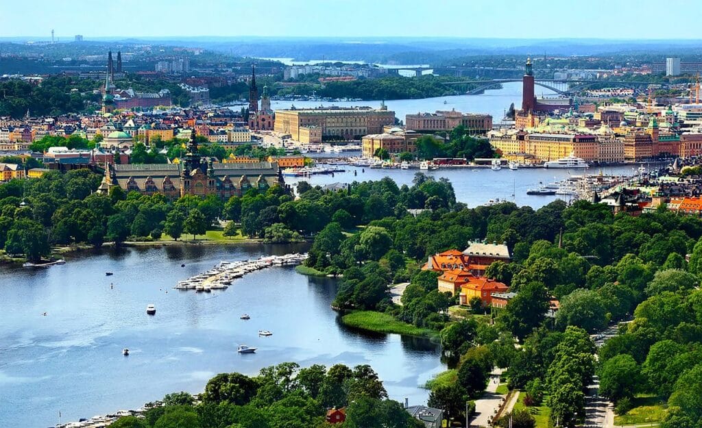 Beautiful top view of Stockholm, Sweden as one of the top 10 best cities for vegans in Europe.