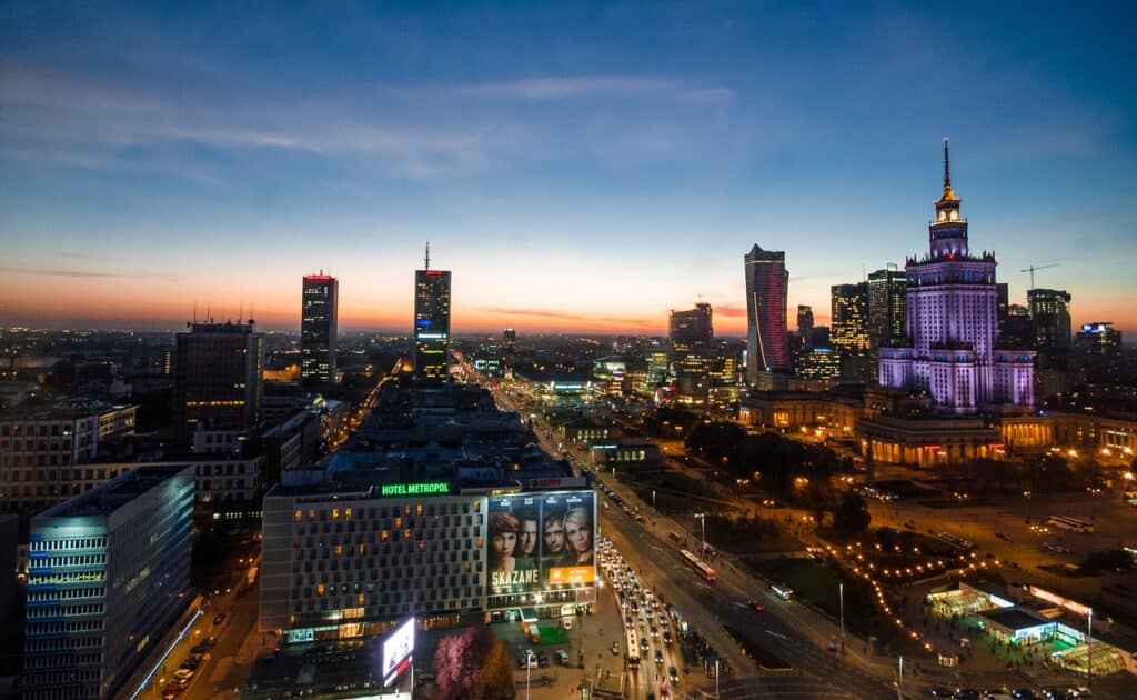 Beautiful night view of Warsaw, Poland.