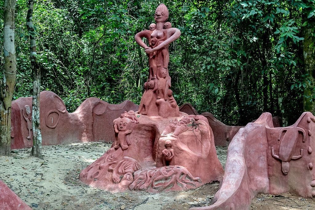 Image of a statue representing the maternity nature of Iya Osun at the Sacred Grove of Oshun, a Nigeria fun fact at UNESCO World Heritage Site.

